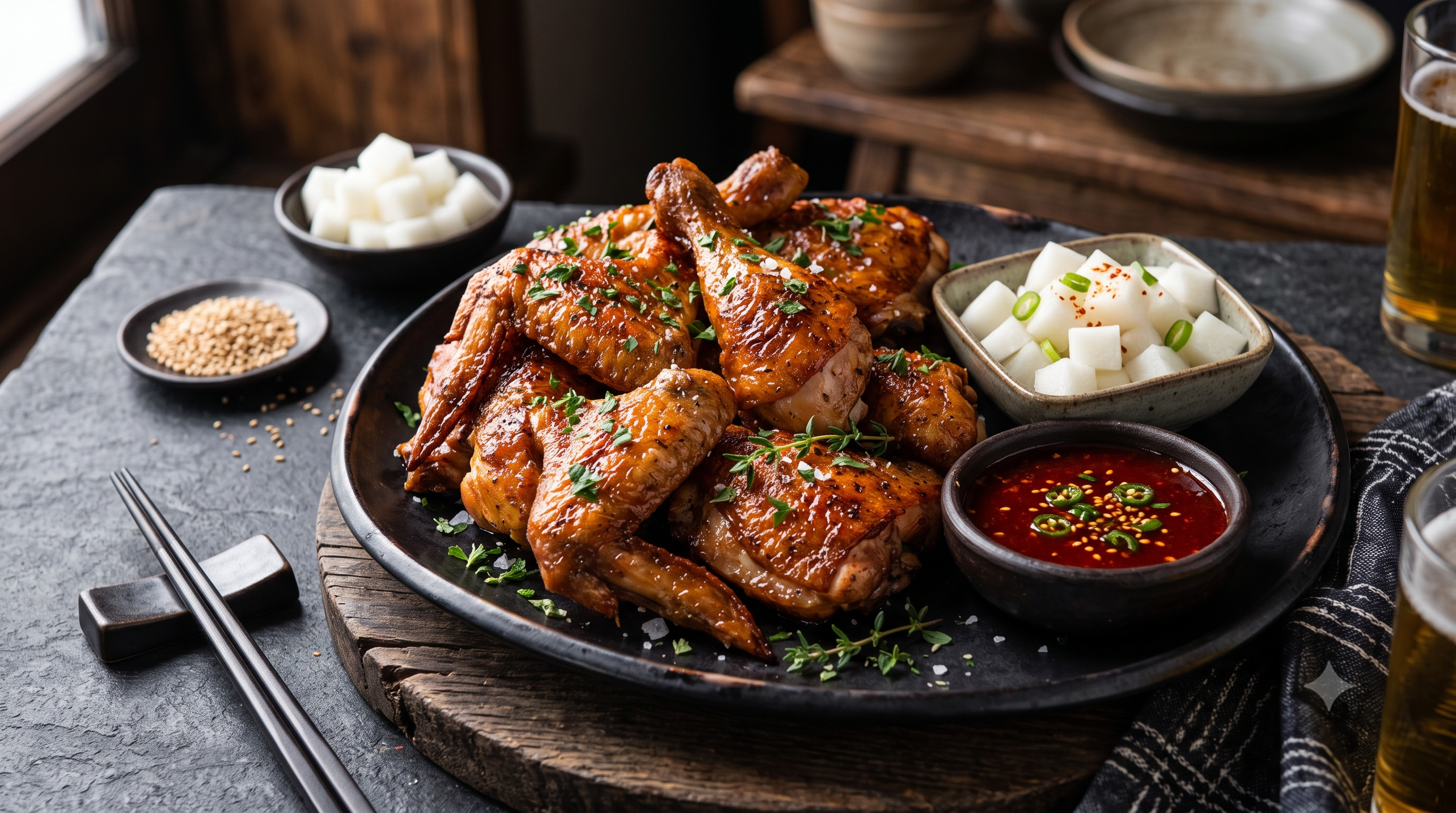 Goobne oven-roasted Korean chicken with crispy golden skin, served with dipping sauces and side dishes